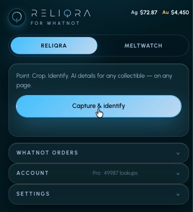 Reliqra extension home panel with capture and identify controls