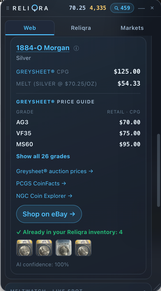 Reliqra extension showing Greysheet pricing and synced inventory