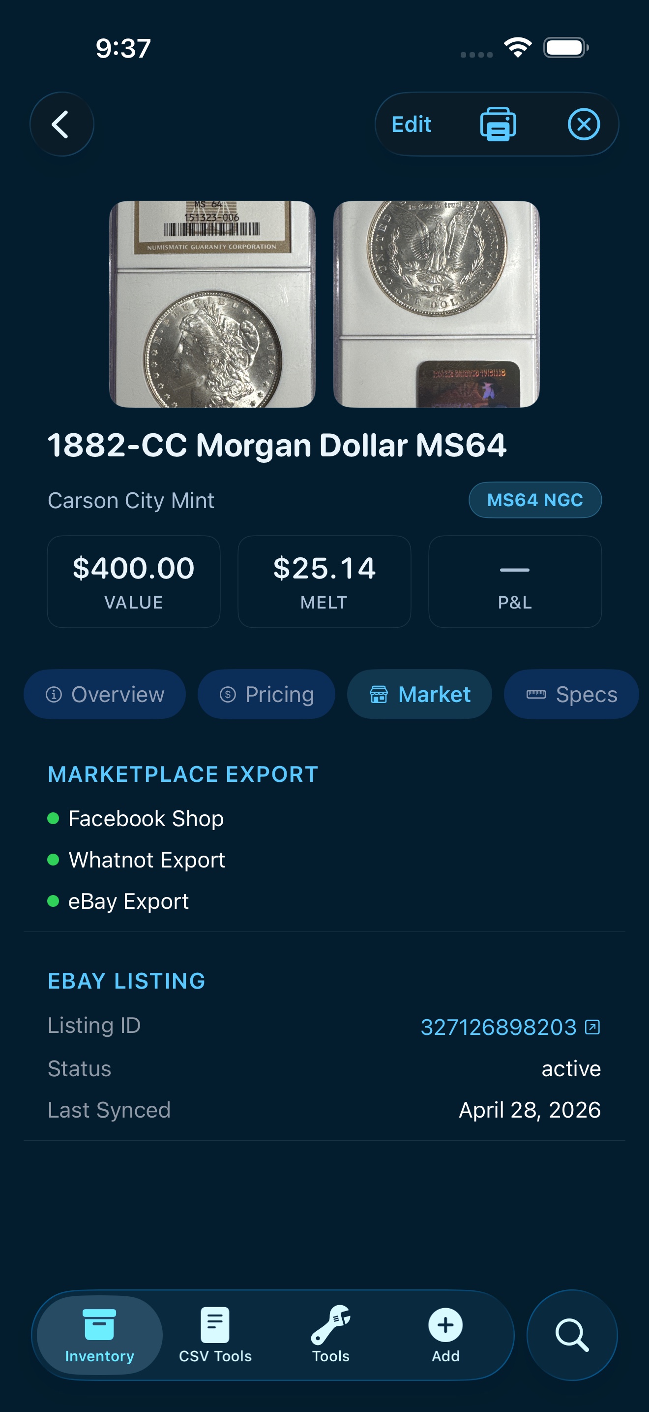 Reliqra app item detail — identified coin with grade, composition, and pricing