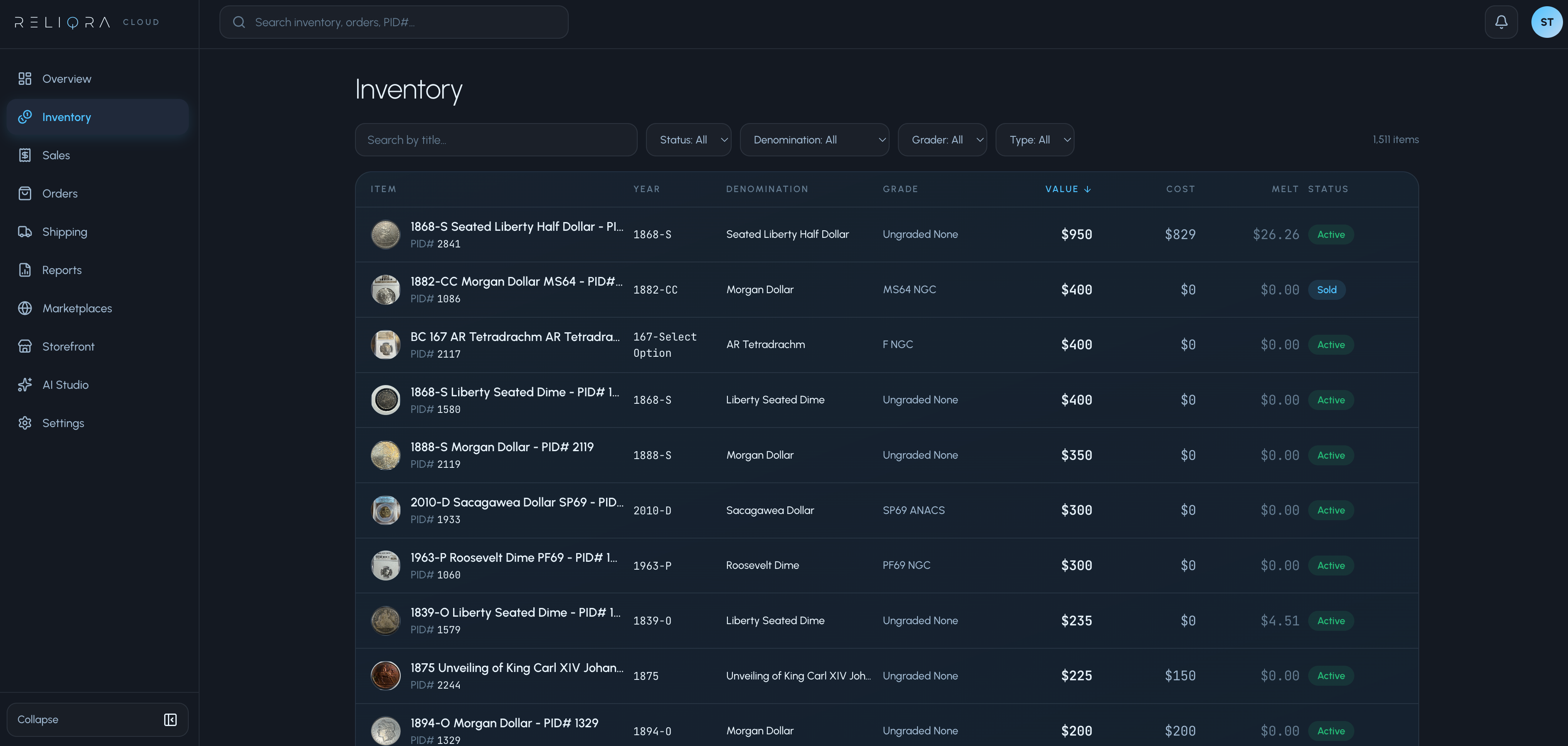 Inventory table with filters