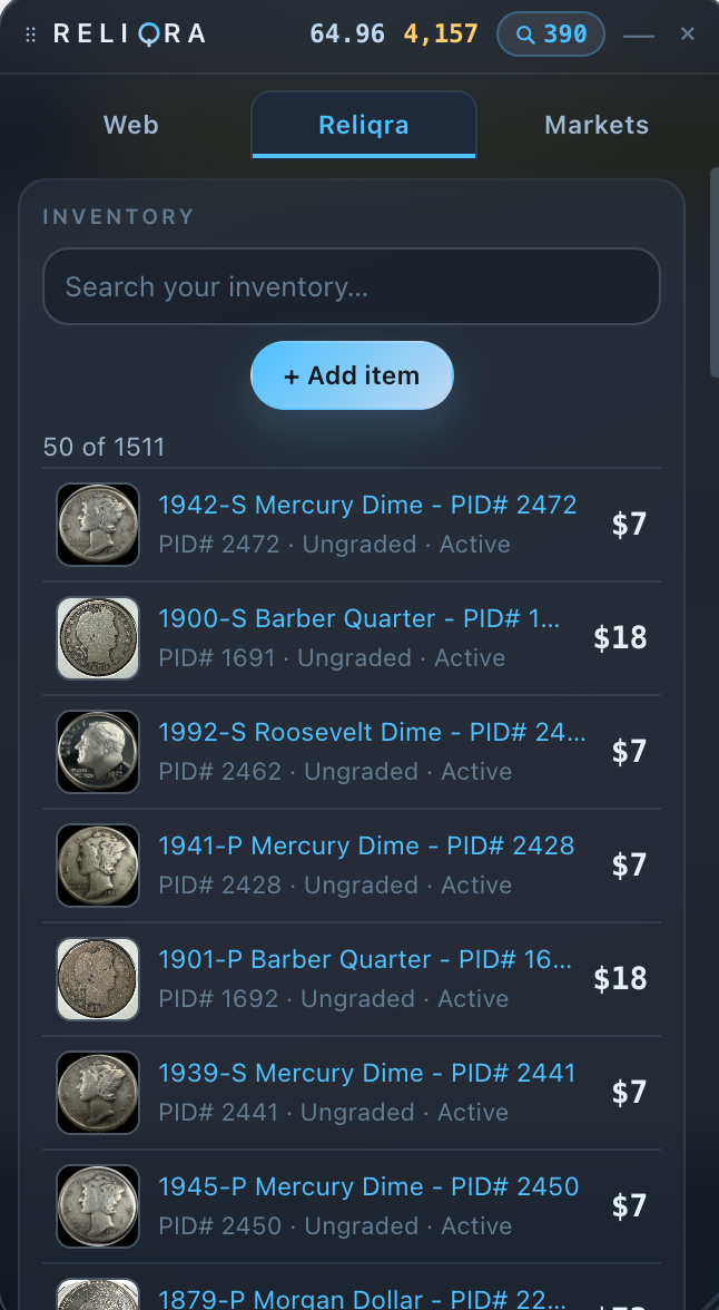 Reliqra extension inventory tab with synced items