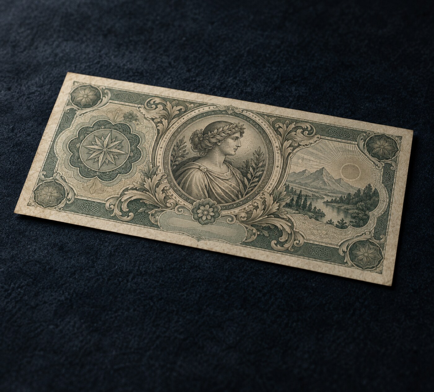Decorative fictional vintage banknote on a dark archival surface