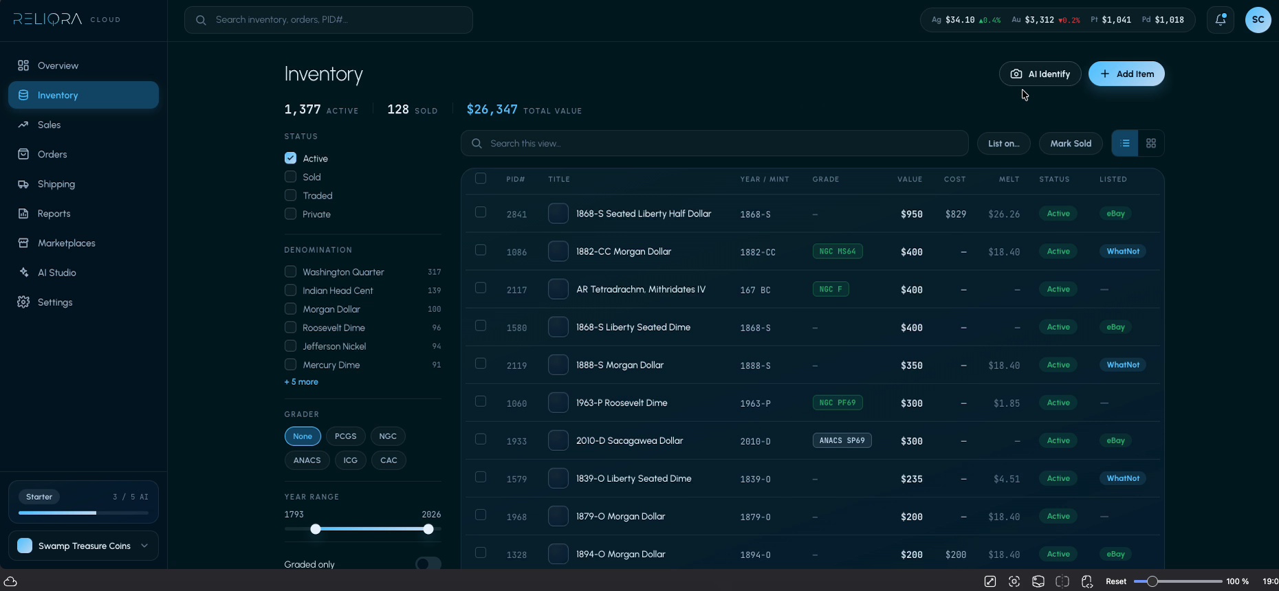 Reliqra Cloud inventory list in the browser