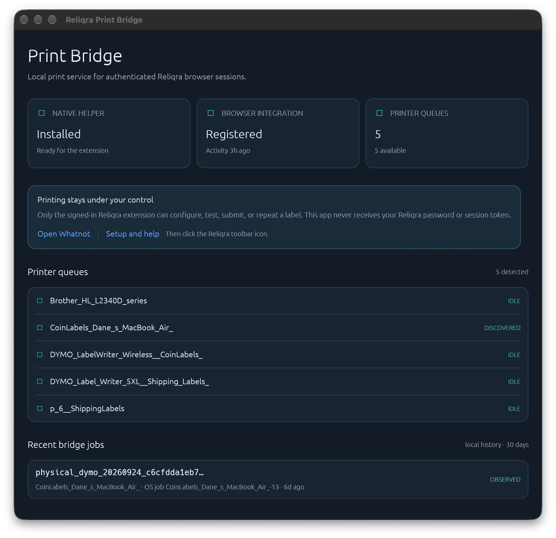 Reliqra Print Bridge 1.0.0 on macOS showing the installed helper, browser integration and available printer queues