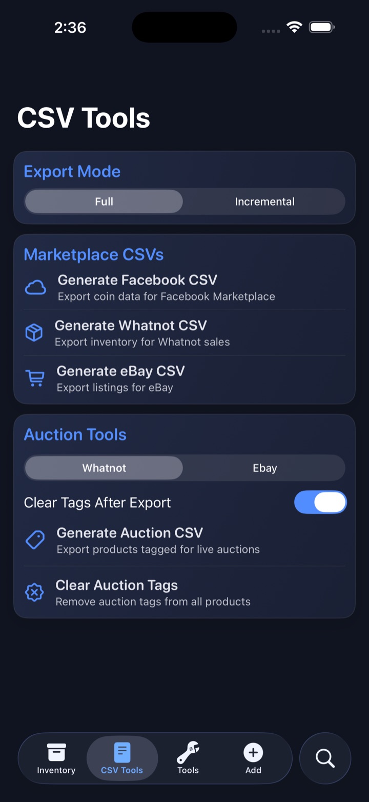 Reliqra CSV export view