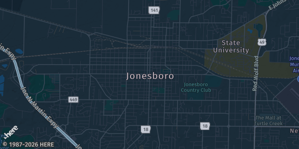 Map of Jonesboro, AR. The exact address of First National Bank Arena is not known, so the map shows the area rather than a specific building.