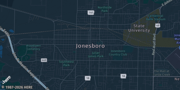 Map of Jonesboro, AR. The exact address of First National Bank Arena is not known, so the map shows the area rather than a specific building.