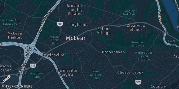 Map of Mclean, VA. The exact address of Hilton McLean Tysons Corner is not known, so the map shows the area rather than a specific building.