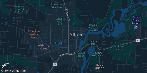 Map of Milton, FL. The exact address of Santa Rosa Auditorium is not known, so the map shows the area rather than a specific building.