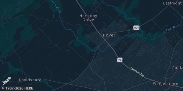 Map of Dover, PA. The exact address of Dover Area High School is not known, so the map shows the area rather than a specific building.