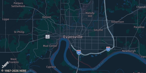 Map of Evansville, IN. The exact address of this venue is not known, so the map shows the area rather than a specific building.