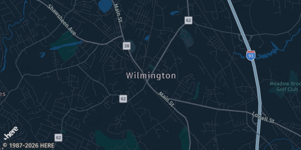 Map of Wilmington, MA. The exact address of Shriner's Auditorium is not known, so the map shows the area rather than a specific building.