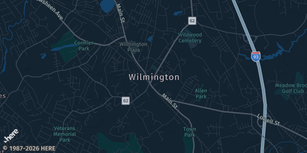 Map of Wilmington, MA. The exact address of Shriner's Auditorium is not known, so the map shows the area rather than a specific building.