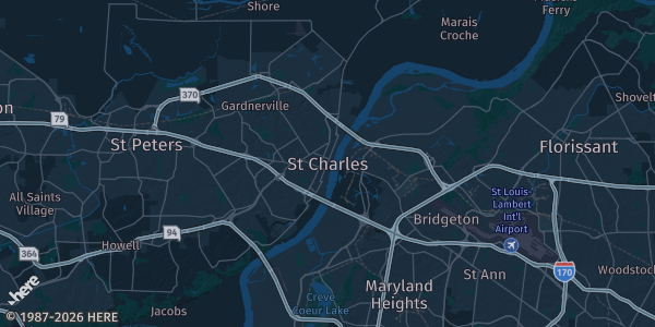 Map of Saint Charles, MO. The exact address of St. Peter's Parish Center is not known, so the map shows the area rather than a specific building.