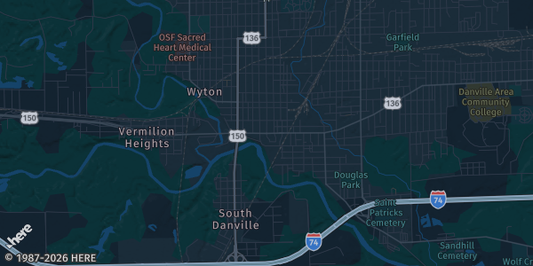 Map of Danville, IL. The exact address of David S Palmer Civic Center is not known, so the map shows the area rather than a specific building.