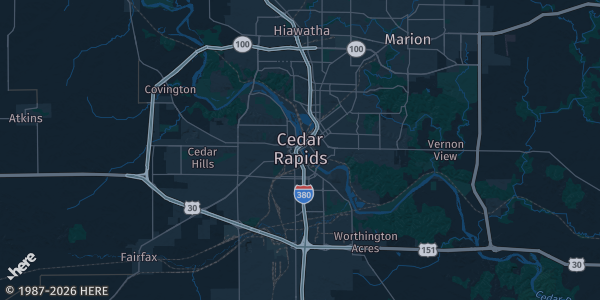 Map of Cedar Rapids, IA. The exact address of Backyard BBQ Iowa Cedar Rapids is not known, so the map shows the area rather than a specific building.