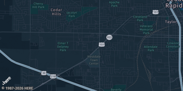 Map of Cedar Rapids, IA. The exact address of Backyard BBQ Iowa is not known, so the map shows the area rather than a specific building.