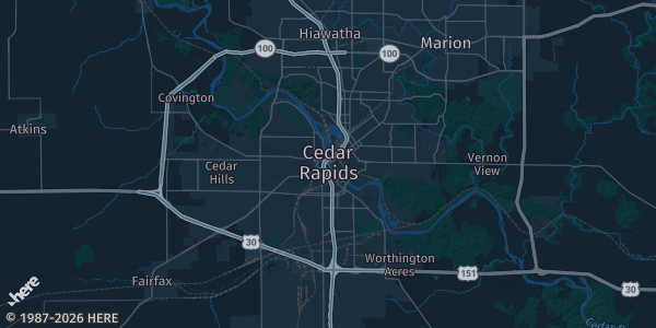 Map of Cedar Rapids, IA. The exact address of Backyard BBQ Iowa Cedar Rapids is not known, so the map shows the area rather than a specific building.