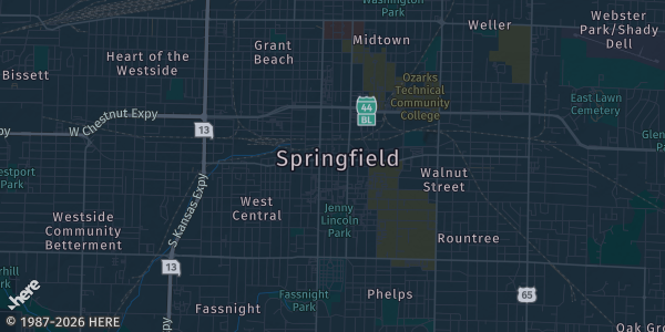 Map of Springfield, MO. The exact address of Relics Event Center is not known, so the map shows the area rather than a specific building.