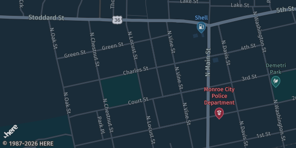 Map showing Knights of Columbus Hall in Monroe City, MO.