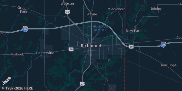 Map of Richmond, IN. The exact address of this venue is not known, so the map shows the area rather than a specific building.