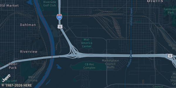 Map of Council Bluffs, IA. The exact address of Mid-America Center is not known, so the map shows the area rather than a specific building.