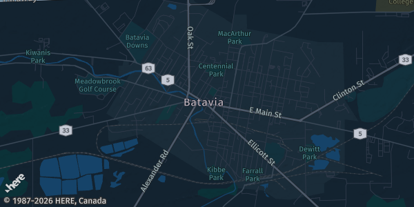 Map of Batavia, NY. The exact address of Quality Inn is not known, so the map shows the area rather than a specific building.