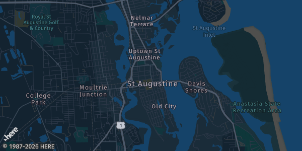 Map of Saint Augustine, FL. The exact address of World Golf Village Renaissance Hotel is not known, so the map shows the area rather than a specific building.