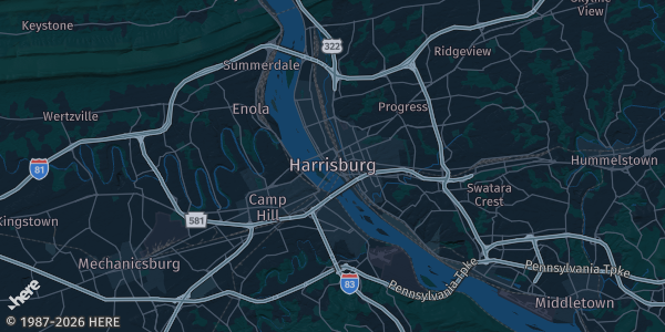 Map of Harrisburg, PA. The exact address of Scottish Rite Temple is not known, so the map shows the area rather than a specific building.