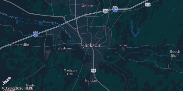 Map of Jackson, TN. The exact address of Madison County Auditorium is not known, so the map shows the area rather than a specific building.