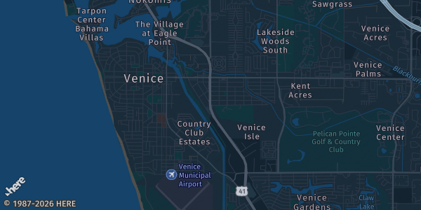 Map of Venice, FL. The exact address of Hotel Venezia Banquet Center is not known, so the map shows the area rather than a specific building.