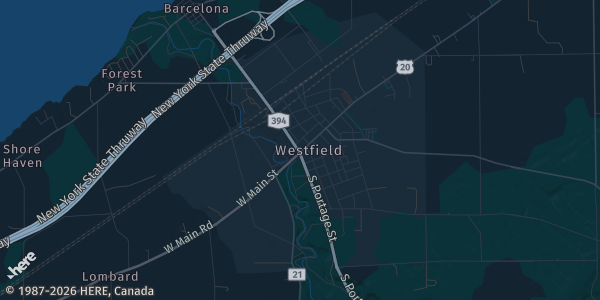 Map of Westfied, NY. The exact address of Eason Hall is not known, so the map shows the area rather than a specific building.