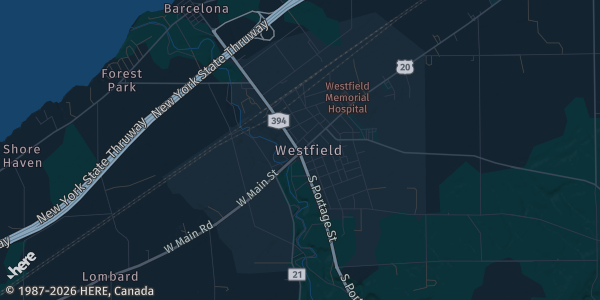 Map of Westfied, NY. The exact address of Eason Hall is not known, so the map shows the area rather than a specific building.