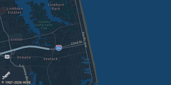 Map of Virginia Beach, VA. The exact address of Virginia Beach Fieldhouse is not known, so the map shows the area rather than a specific building.