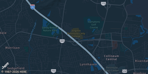 Map of Hampton, VA. The exact address of Virginia Peninsula Community College is not known, so the map shows the area rather than a specific building.