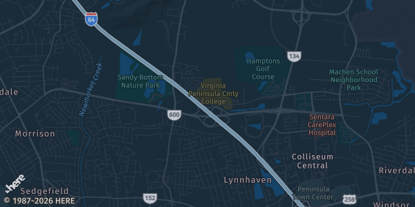 Map of Hampton, VA. The exact address of Virginia Peninsula Community College is not known, so the map shows the area rather than a specific building.