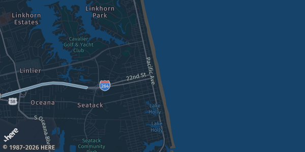 Map of Virginia Beach, VA. The exact address of Virginia Beach Fieldhouse is not known, so the map shows the area rather than a specific building.