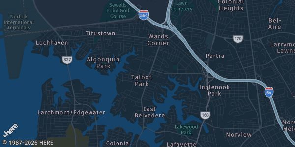 Map of Norfolk, VA. The exact address of Norfolk Masonic Temple is not known, so the map shows the area rather than a specific building.