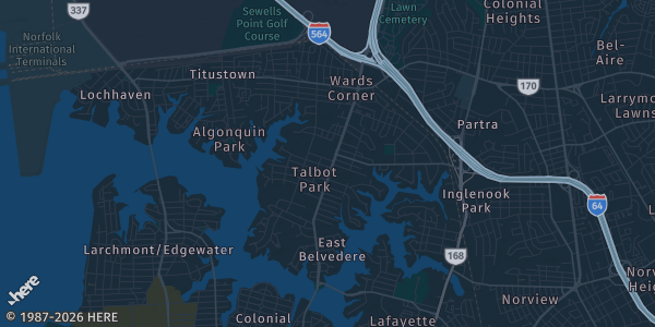 Map of Norfolk, VA. The exact address of Norfolk Masonic Temple is not known, so the map shows the area rather than a specific building.