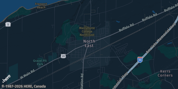 Map of North East, PA. The exact address of St. Gregory School is not known, so the map shows the area rather than a specific building.