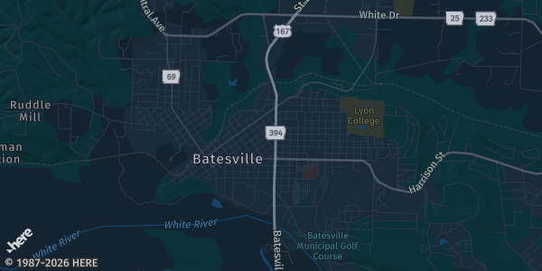 Map of Batesville, AR. The exact address of Batesville Community & Aquatic Center is not known, so the map shows the area rather than a specific building.