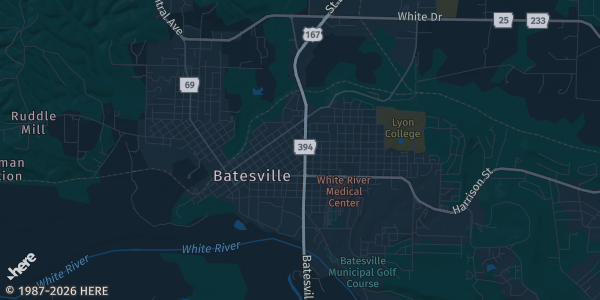 Map of Batesville, AR. The exact address of Batesville Community & Aquatic Center is not known, so the map shows the area rather than a specific building.
