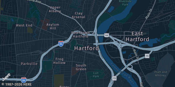 Map of Hartford, CT. The exact address of Connecticut Convention Center is not known, so the map shows the area rather than a specific building.