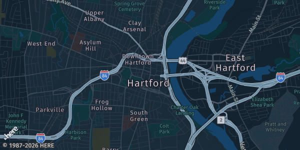 Map of Hartford, CT. The exact address of Connecticut Convention Center is not known, so the map shows the area rather than a specific building.