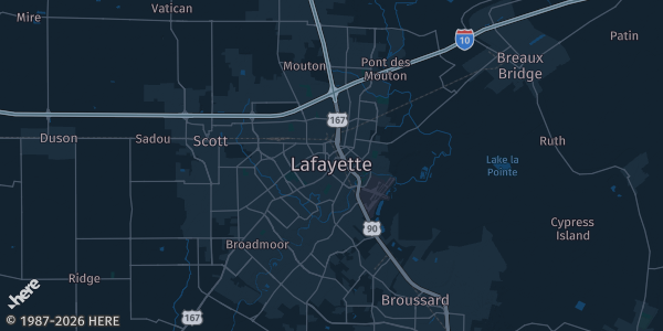 Map of Lafayette, LA. The exact address of The Heymann Center is not known, so the map shows the area rather than a specific building.