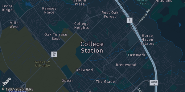 Map of College Station, TX. The exact address of The Hilton Hotel & Conference Center is not known, so the map shows the area rather than a specific building.