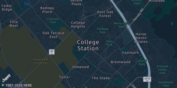 Map of College Station, TX. The exact address of The Hilton Hotel & Conference Center is not known, so the map shows the area rather than a specific building.