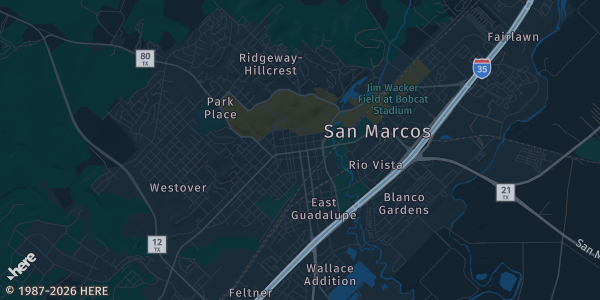 Map of San Marcos, TX. The exact address of Embassy Suites by Hilton San Marcos Hotel Conference Center is not known, so the map shows the area rather than a specific building.