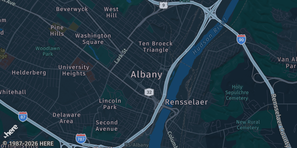 Map of Albany, NY. The exact address of Polish Community Center is not known, so the map shows the area rather than a specific building.