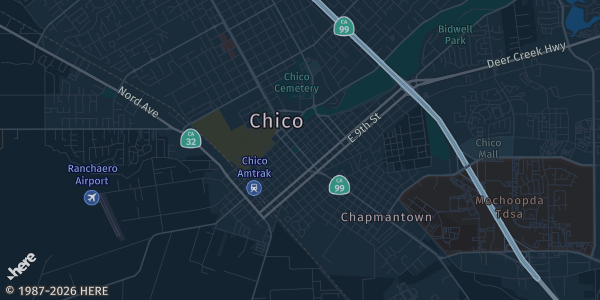 Map of Chico, CA. The exact address of Marsh Junior High School Gym is not known, so the map shows the area rather than a specific building.
